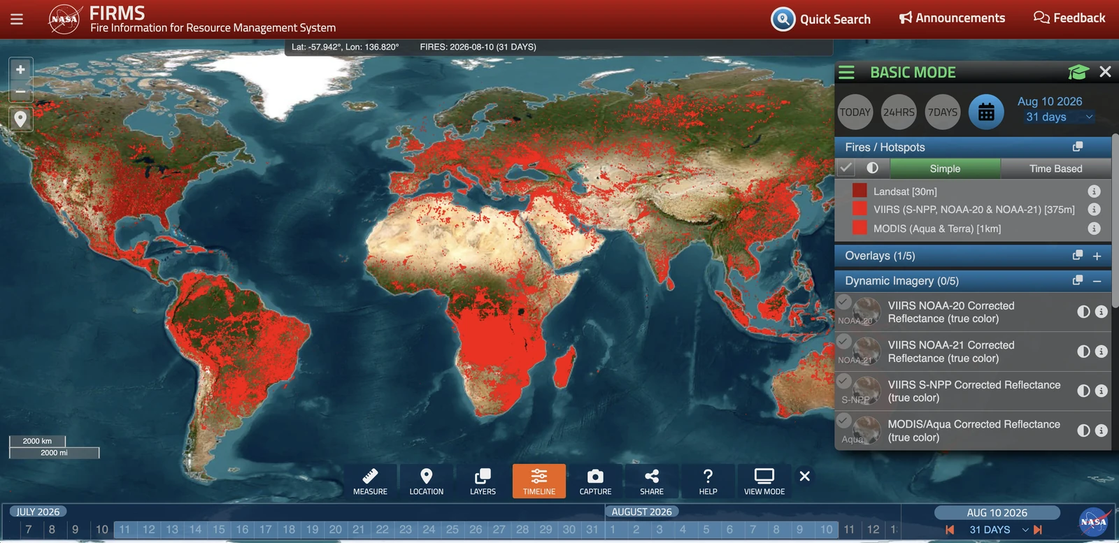 NASA's FIRMS Fire Map, showing 31 days of global fire detections as red points over a satellite basemap, with a layer panel and a date timeline.