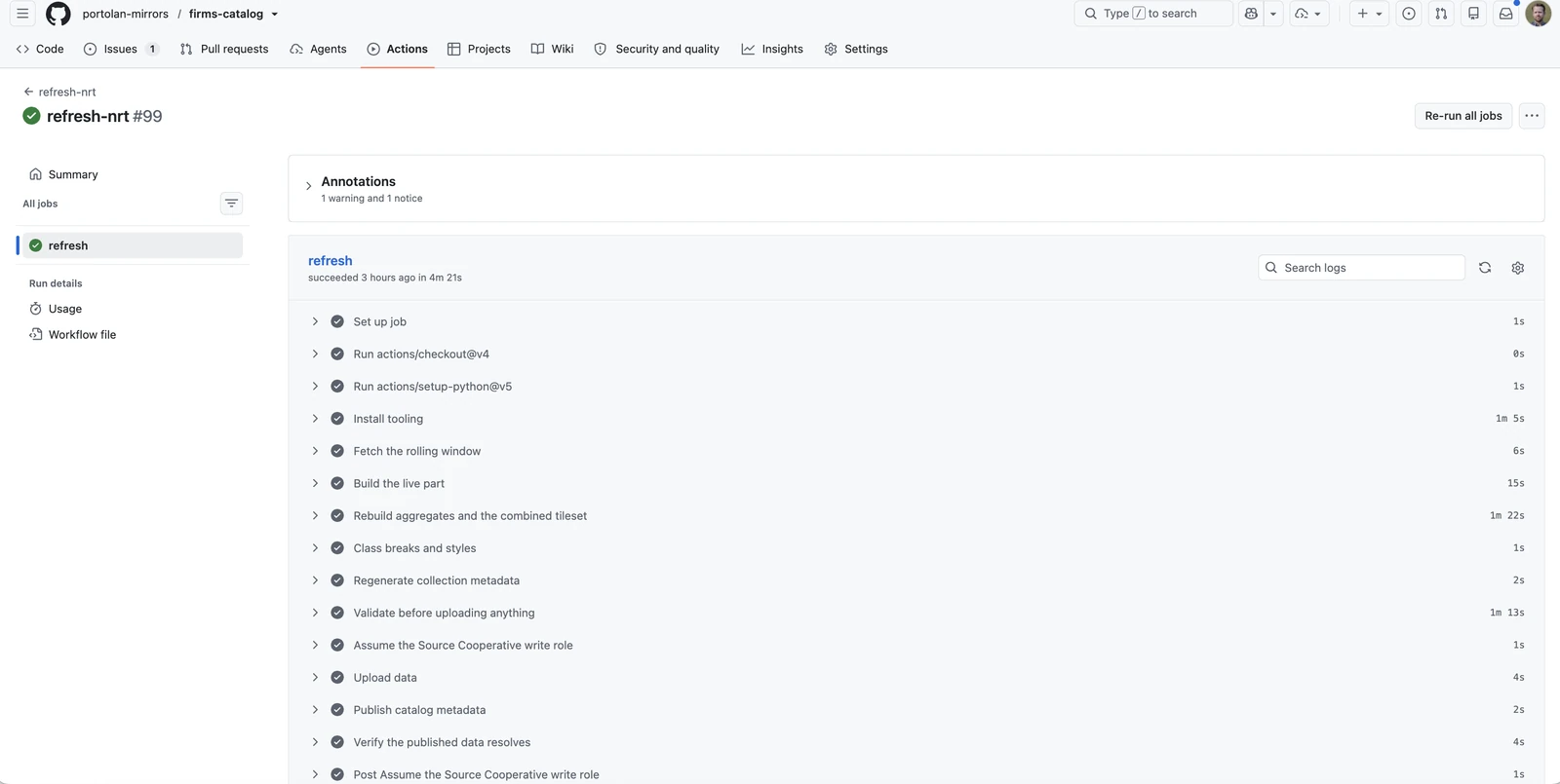 A successful refresh-nrt run in GitHub Actions, listing steps that fetch the rolling window, build the live part, rebuild aggregates and the combined tileset, validate, and upload the data.