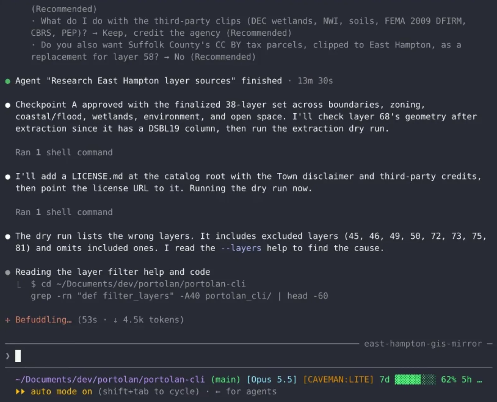 The dry run lists the wrong layers. Claude reads the portolan-cli layer filter help and code to find the cause.