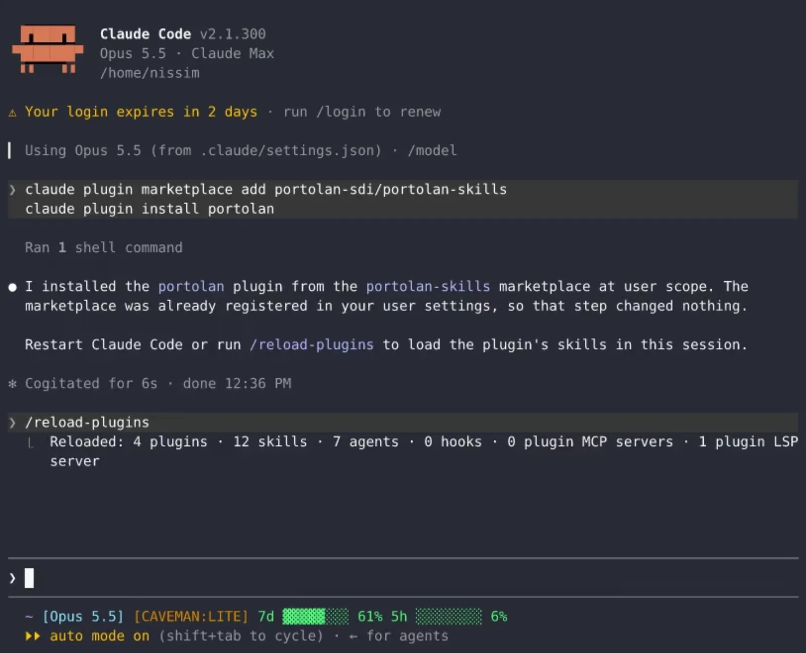A Claude Code session runs claude plugin marketplace add portolan-sdi/portolan-skills and claude plugin install portolan, then /reload-plugins.