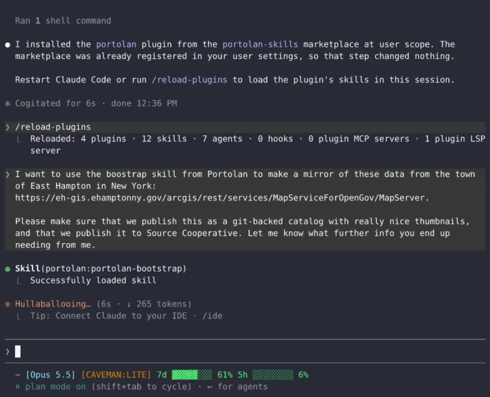 The prompt asks Claude to use the bootstrap skill to mirror the East Hampton MapServer as a git-backed catalog with thumbnails, published to Source Cooperative. Claude loads the portolan-bootstrap skill.